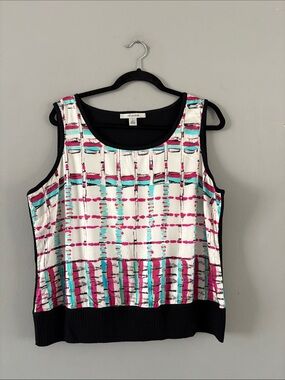 St. John Cream Tank Top with Pink and Teal Linear Silk Print and Black Wool Back